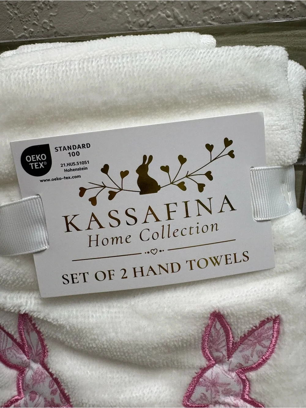 Kassafina Home Collection White Hand Towels w/Pink Bunny Embroidery - Set of 2